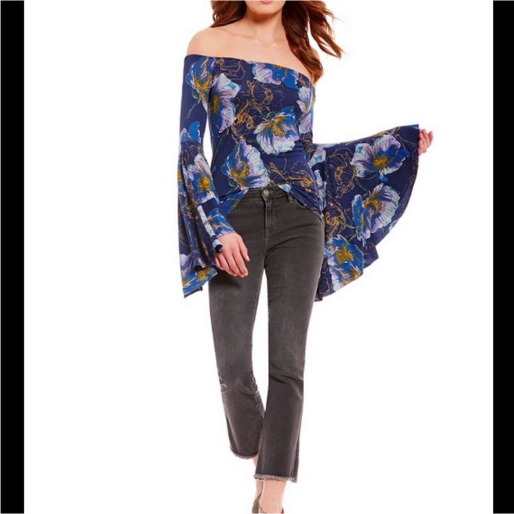 Free People Blue Floral Bell Sleeve Bird of Paradise Top